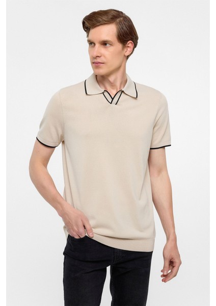 Bej Regular Düz Polo Yaka Triko Tişört