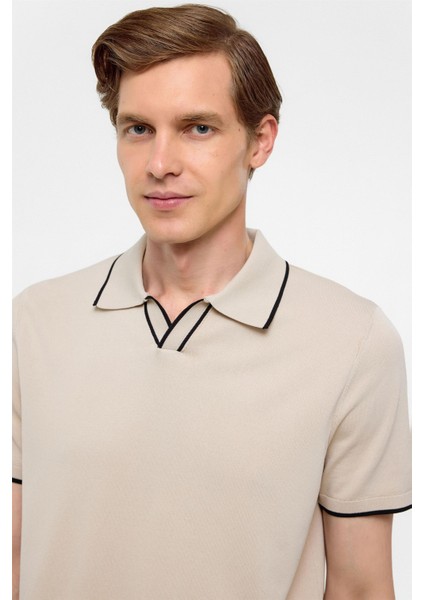 Bej Regular Düz Polo Yaka Triko Tişört