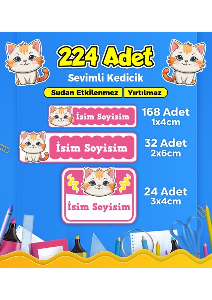 Sevimli Kedi Temalı Okul Kreş Kişiye Özel Isim Etiket Seti - Model 346