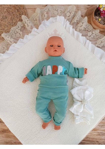 Yenidoğan Wool Yün Kumaş Taç Nakışlı Güpür Duvaklı Fiyonk Prizma Taş Unisex Kundak Bebek Battaniyesi Bej