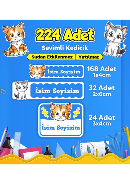 Sevimli Kedi Temalı Okul Kreş Kişiye Özel Isim Etiket Seti - Model 368