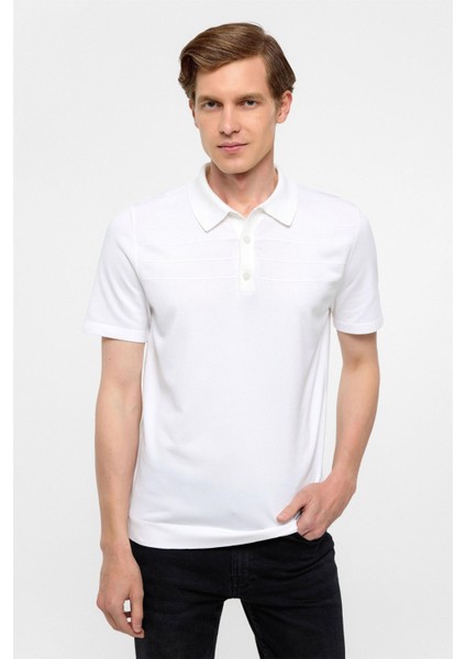 Beyaz Regular Düz Polo Yaka Triko Tşört