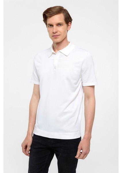 Beyaz Regular Düz Polo Yaka Triko Tşört