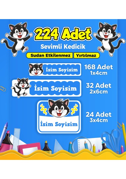 Sevimli Kedi Temalı Okul Kreş Kişiye Özel Isim Etiket Seti - Model 351