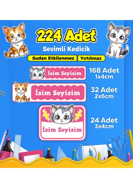 Sevimli Kedi Temalı Okul Kreş Kişiye Özel Isim Etiket Seti - Model 367