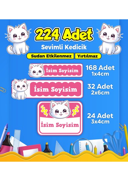Sevimli Kedi Temalı Okul Kreş Kişiye Özel Isim Etiket Seti - Model 357