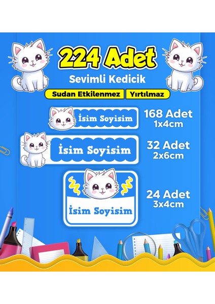 Sevimli Kedi Temalı Okul Kreş Kişiye Özel Isim Etiket Seti - Model 358