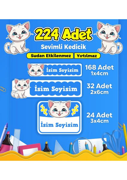 Sevimli Kedi Temalı Okul Kreş Kişiye Özel Isim Etiket Seti - Model 362