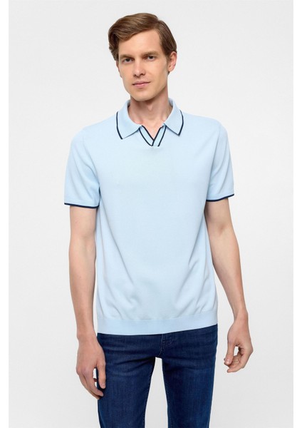 Buz Mavi Regular Düz Polo Yaka Triko Tişört