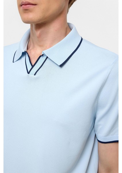 Buz Mavi Regular Düz Polo Yaka Triko Tişört