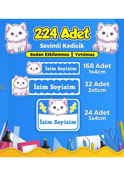 Sevimli Kedi Temalı Okul Kreş Kişiye Özel Isim Etiket Seti - Model 374