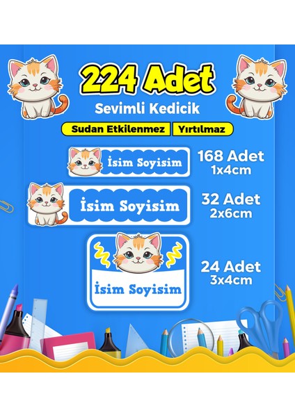 Sevimli Kedi Temalı Okul Kreş Kişiye Özel Isim Etiket Seti - Model 347