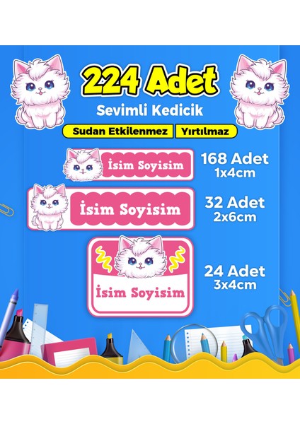 Sevimli Kedi Temalı Okul Kreş Kişiye Özel Isim Etiket Seti - Model 373