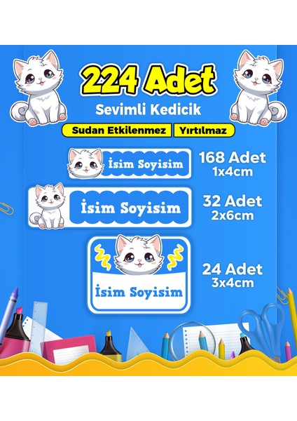 Sevimli Kedi Temalı Okul Kreş Kişiye Özel Isim Etiket Seti - Model 376