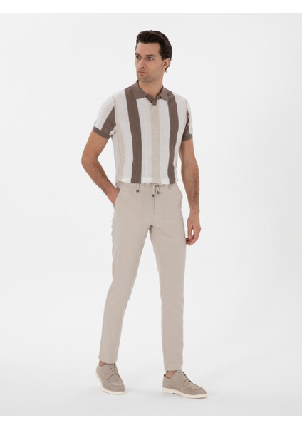 Erkek Bej Slim Fit Keten Karışımlı Beli Bağcıklı Kanvas Pantolon 50300944-VR011