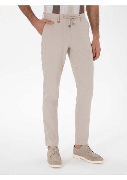 Erkek Bej Slim Fit Keten Karışımlı Beli Bağcıklı Kanvas Pantolon 50300944-VR011 fiyatları