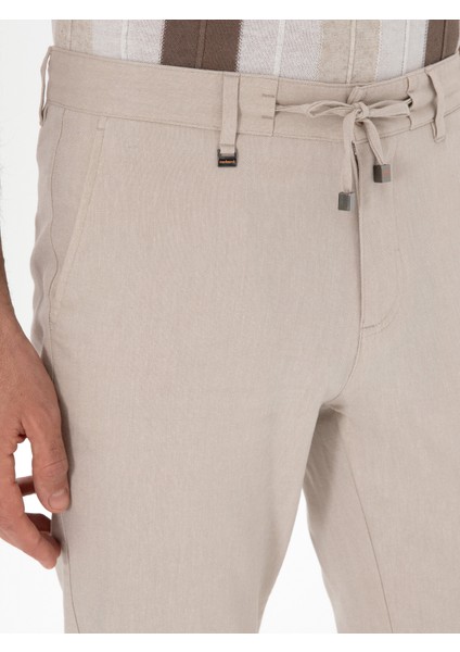 Erkek Bej Slim Fit Keten Karışımlı Beli Bağcıklı Kanvas Pantolon 50300944-VR011 indirimleri