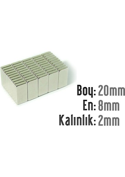 Neodyum Mıknatıs Köşeli 20X8MM , Kalınlık 2 mm ( 3 Adet)