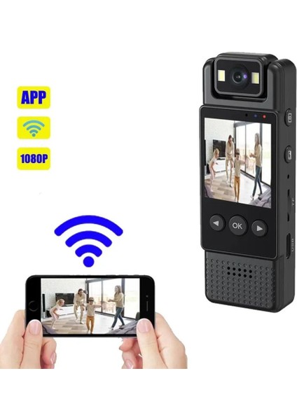 Mini Wifi Body Kamera 1.3 Inç LCD Ekran Full Hd 4K 180 Derece Dönebilir Kamera 1200MAH Batarya