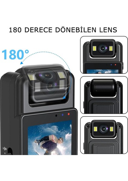 Mini Wifi Body Kamera 1.3 Inç LCD Ekran Full Hd 4K 180 Derece Dönebilir Kamera 1200MAH Batarya