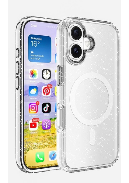 Apple Ile Uyumlu iPhone 16 Kılıf Magsafe Şarj Özellikli Parlayan Simli Saydam Renkli Zore Allstar Kapak Şeffaf