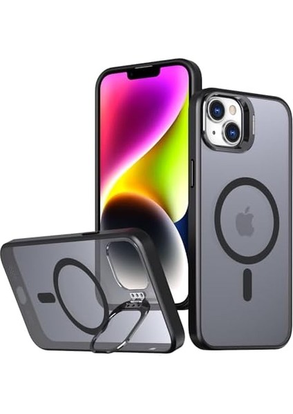 iphone 15 Uyumlu Metal Lens Koruma Çerçevesi/standlı Güçlü Mıknatıslı Bağımsız Buton Hoparlör Koruma Mat Şeffaf Telefon Kılıfı (Siyah) modelleri