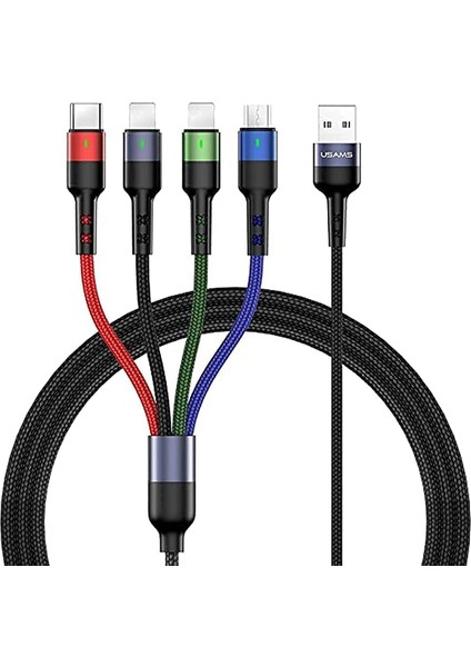 US-SJ317 4in1 2*lightning 1*type-C 1*micro Uçlu 1.2m 2A Örgülü Renkli Şarj ve Data Kablosu