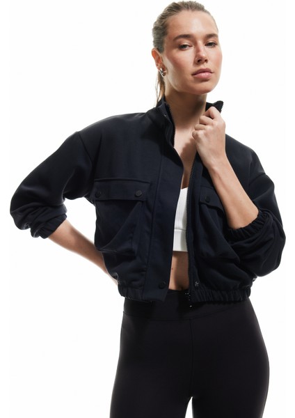 Bomber Ceket Crop Kalın Modal Kumaş Düğmeli Cep Detaylı