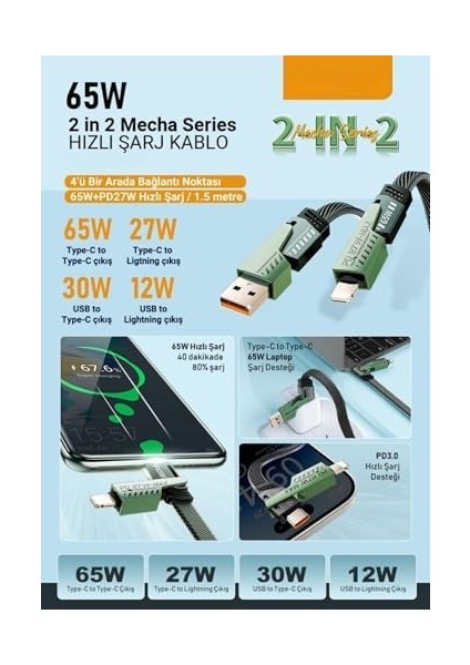 Azeada 4 In 1 4'lü 65W USB Type-C ve Lightning Örgülü Şarj ve Data Kablosu - 1.5m Siyah AZ-B10TH