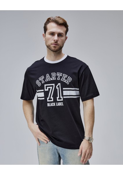 Camden Siyah Bisiklet Yaka Baskılı Oversize Erkek Tshirt