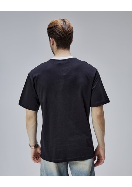 Camden Siyah Bisiklet Yaka Baskılı Oversize Erkek Tshirt