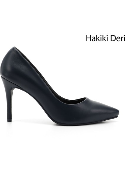 Kadın Lacivert Sivri Burun Ince Topuklu Hakiki Deri Stiletto
