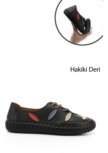 Kadın Siyah Bağcıklı Hakiki Deri Comfort Ayakkabı