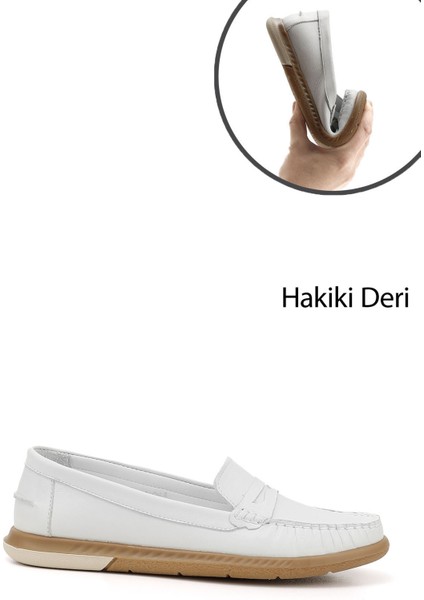Kadın Beyaz Rok Hakiki Deri Comfort Loafer