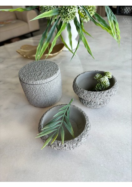 Taş Dokulu Gri Beton Modern Dekoratif 3 Lü Set Obje Biblo