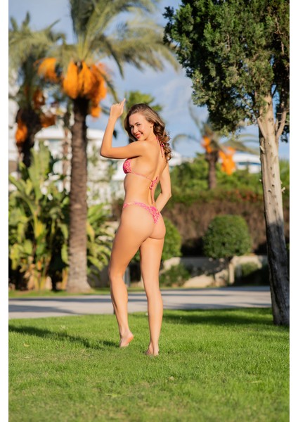 Rukomayo Pembe Çiçek Desenli Brezilyan Kesim Lycra Kumaş Küçük Üçgen Bikini fiyatları