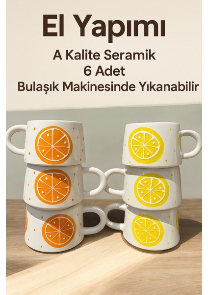 El Yapımı 6'lı Limon ve Portakal Desenli Seramik Kupa
