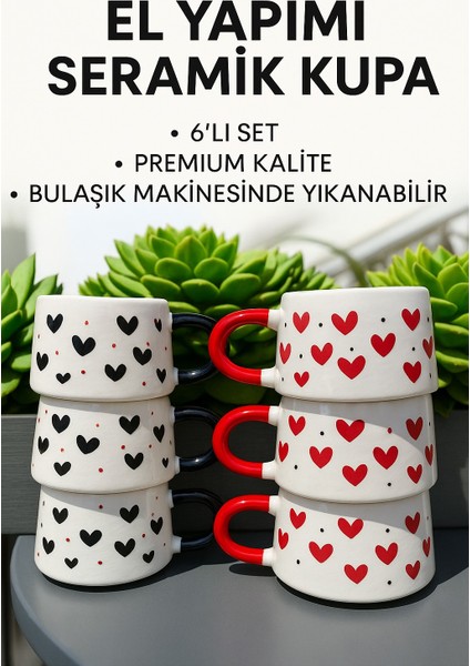 El Yapımı 6'lı Kırmızı ve Siyah Kalpli Desen Seramik Kupa
