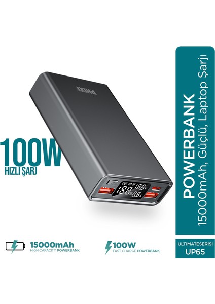 Ultimate UP65 15000mAh 100W Süper Hızlı Şarj Cihazı - Laptop Şarj Edebilir Powerbank - 2 USB 2 PD Port - Dijital Ekran - Taşınabilir Şarj Cihazı