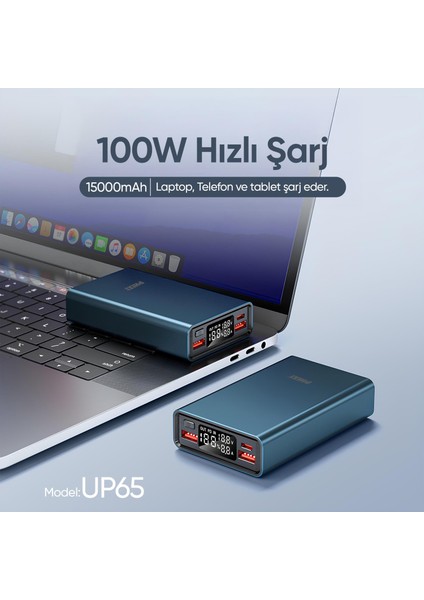 Ultimate UP65 15000mAh 100W Süper Hızlı Şarj Cihazı - Laptop Şarj Edebilir Powerbank - 2 USB 2 PD Port - Dijital Ekran - Taşınabilir Şarj Cihazı