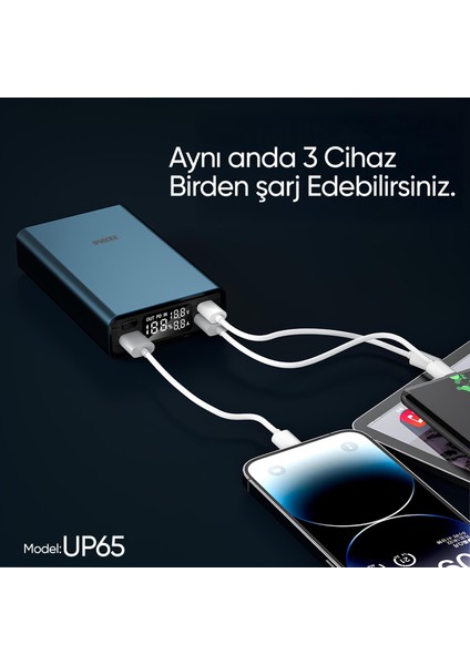 Ultimate UP65 15000mAh 100W Süper Hızlı Şarj Cihazı - Laptop Şarj Edebilir Powerbank - 2 USB 2 PD Port - Dijital Ekran - Taşınabilir Şarj Cihazı