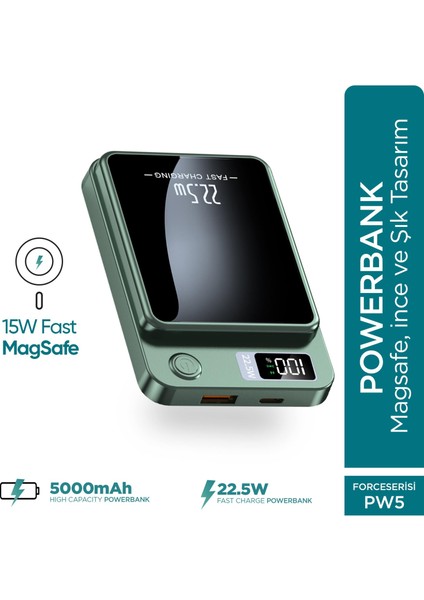 Force PW5 5000mAh 22.5W MagSafe Powerbank - Kablosuz Mini Şarj Cihazı - 1 USB 1 PD Port - Dijital Ekran - Taşınabilir Şarj Cihazı