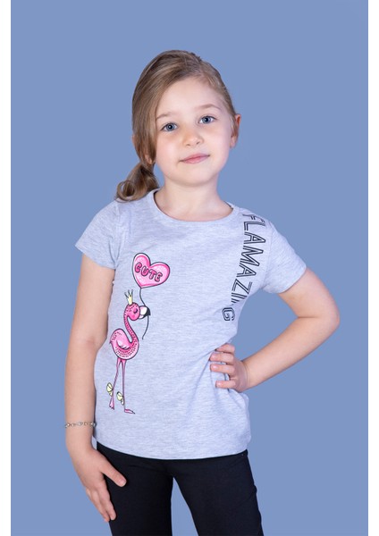 Kız Çocuk Flamingo Desenli Taş Işlemeli Baskılı Tişört