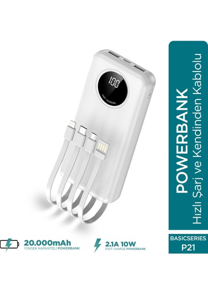 Basic P21 20000mAh 10W Kendinden Kablolu Şarj Cihazı - Powerbank - 2 USB Port 4 Kablo Çıkışı - LED Ekran - Taşınabilir Şarj Cihazı