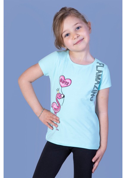 Kız Çocuk Flamingo Desenli Taş Işlemeli Baskılı Tişört