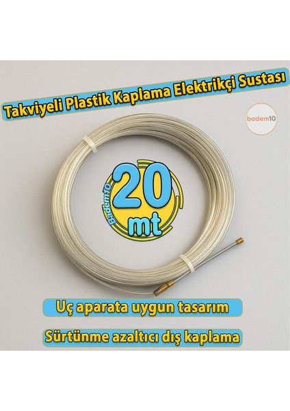 20 Metre Plastik Kaplama Spiral Kablo Çekme Teli Elektrikçi Sustası Kılavuz Tel Tesisat Usta Tip Yay