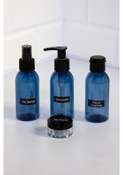 Seyahat Seti- Plastik Seyahat Boy 100ml Mavi Şişe Ve Kavanoz 4'lü Çantalı Seyahat Kiti fırsatları
