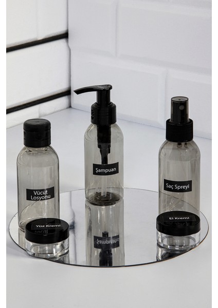 Seyahat Seti- Plastik Seyahat Boy 100ML Füme Şişe ve Kavanoz 5'li Çantalı Seyahat Kiti modelleri