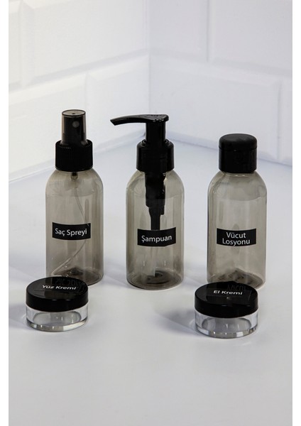 Seyahat Seti- Plastik Seyahat Boy 100ML Füme Şişe ve Kavanoz 5'li Çantalı Seyahat Kiti
