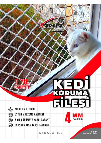 Balkon Güvenlik Filesi – 3m Yükseklik | Metreyle Kesim | 4 mm Ip, 4x4 cm Göz Aralığı + Montaj Aparatları (Beyaz)